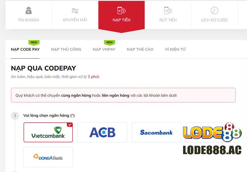 Nạp tiền Lode88 bằng Code Pay